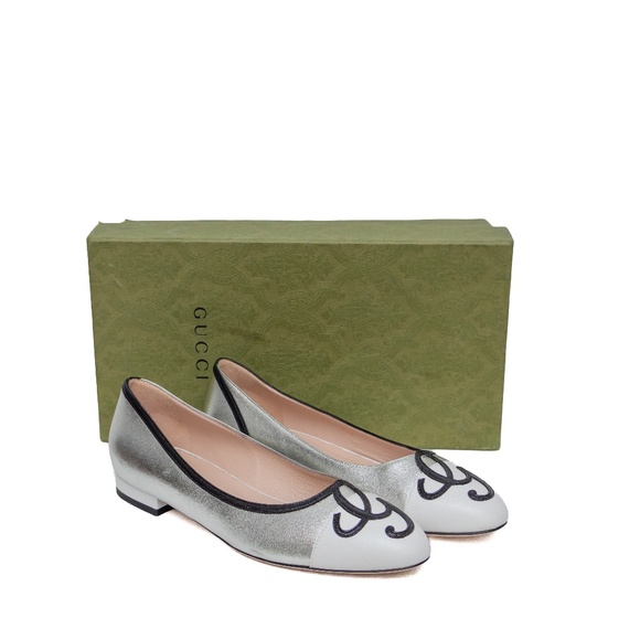 Gucci Metallic Silver Leather Ballet Flats with Embroidered G – EU 38 / US 8 / U - Picture 1 of 13